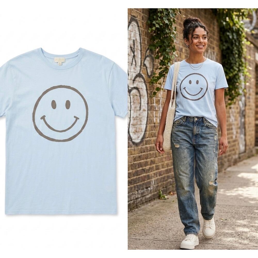 Altar'd State Smiley Face Graphic Tee Light Blue L/XL
